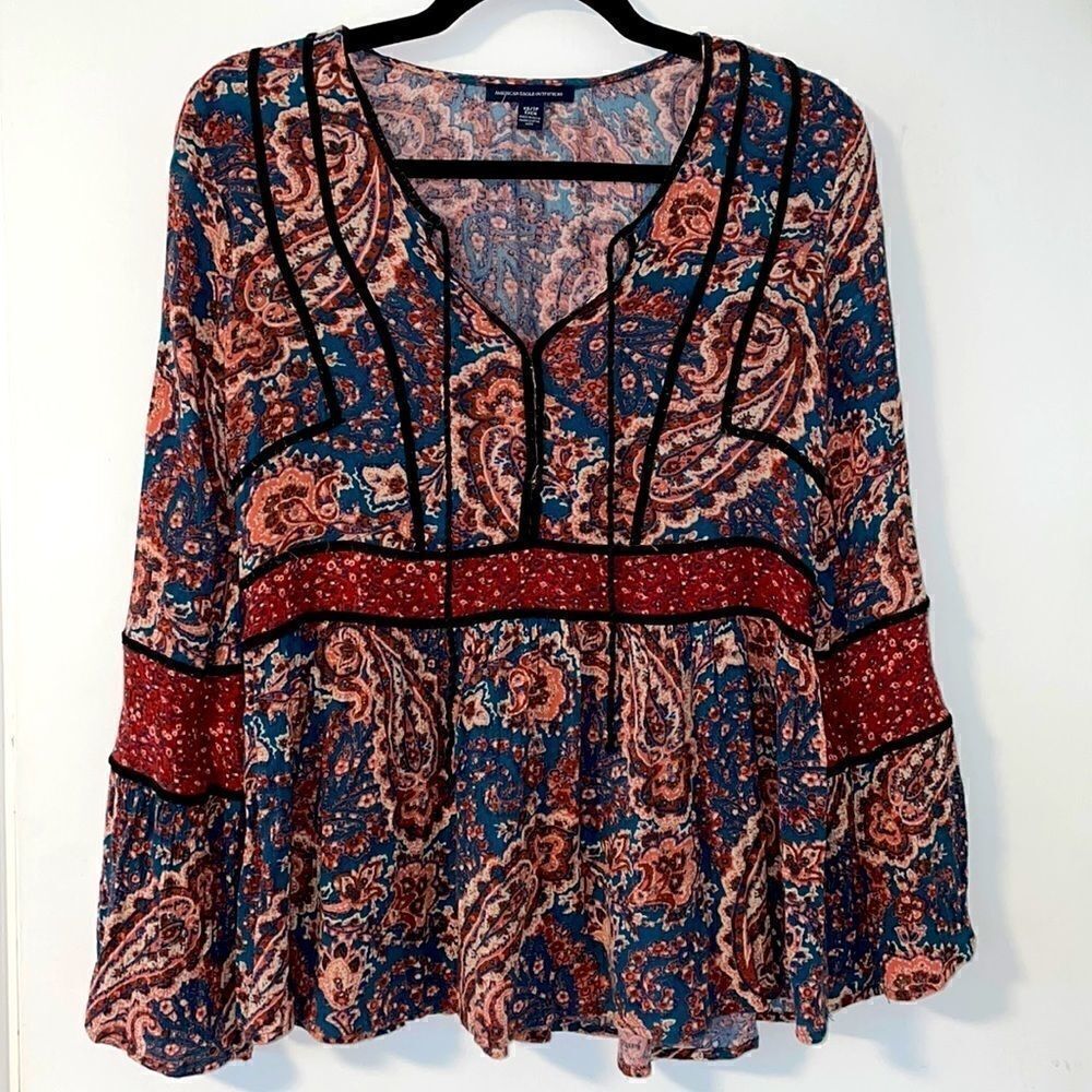 American Eagle Outfitters bohemian paisley mixed print bell sleeve top size XS